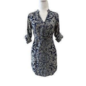 Angie Boho Print Dress Drawstring Elastic Waist Size S Pockets Roll Tab Blue